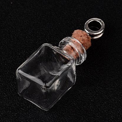 Cuboid Glass Wishing Bottle European Dangle Charms, with Alloy Tube Bails and Iron Findings, 47mm, Hole: 4.5mm