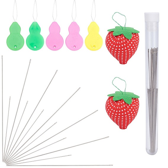 Iron Needles, with Acrylic Needle Threader and Strawberry Shape Pin Cushion, for Sewing, DIY Jewelry Making