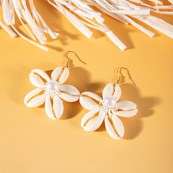 Серьги-подвески из натуральной ракушки в виде цветка, с пластиковой имитационной жемчужиной
