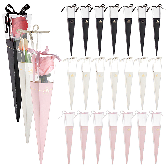 30 наборы 3 цветная бумага букет упаковка коробки, подарочные коробки с одним конусом розы из прозрачного пластика и ленты