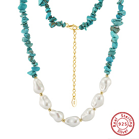 Natural Turquoise Chip & Nuggets Shell Pearl Beaded Necklaces, with 925 Sterling Silver End Chains