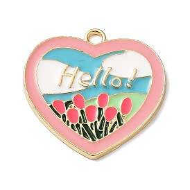 Alloy Enamel Pendants, Light Gold, Heart with Flower & Word Hello Charm