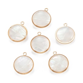 Natural Shell Pendants, with Golden Brass Findings, Flat Round