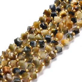 Natural Tiger Eye Beads Strands, with Seed Beads, Faceted, Diagonal Cube Beads