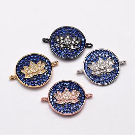 Brass Links, Micro Pave Grade AAA Cubic Zirconia, Flat Round with Lotus, Cadmium Free & Nickel Free & Lead Free