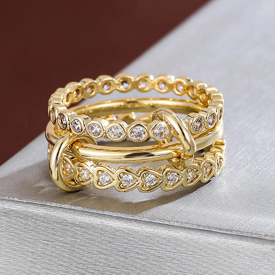 Brass Micro Pave Cubic Zirconia Finger Rings, Heart, Stackable Rings