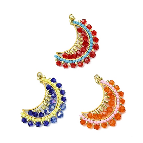 3Pcs Glass Seed Beaded Moon Pendants, with Glass & 201 Stainless Steel Findings