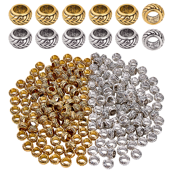 200шт 2 цвета тибетский стиль сплав европейские бусины, бусины с большим отверстием, укладка волос в стиле «топпси-хвост» с помощью косичек и бусин, рондель