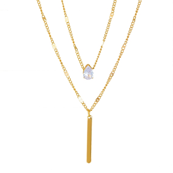 Alloy Link Chains Double Layered Necklaces, with Cubic Zirconia Teardrop Pendant