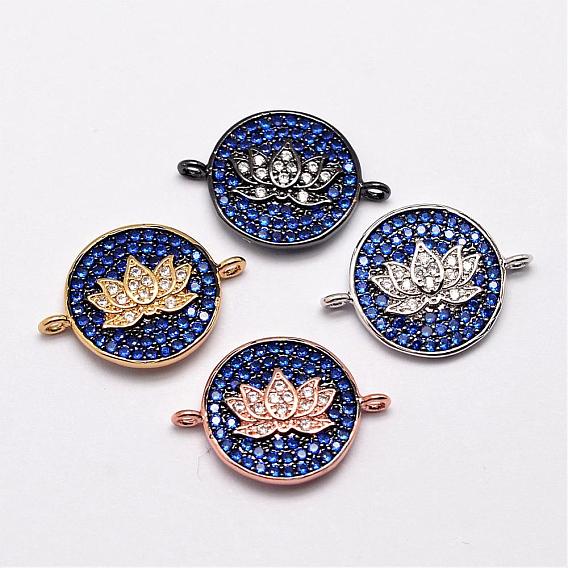 Brass Links, Micro Pave Grade AAA Cubic Zirconia, Flat Round with Lotus, Cadmium Free & Nickel Free & Lead Free