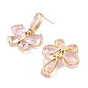 Butterfly Brass Dangle Stud Earrings, Pink Glass Drop Earrings