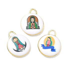 Printed Brass Pendants, Flat Round & Virgin Mary Pattern Charms, Rack Plating, Long-Lasting Plated, Lead Free & Cadmium Free, Real 18K Gold Plated