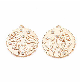 Brass Micro Pave Clear Cubic Zirconia Pendants, Birth Floral Charms, Nickel Free, Flat Round, Real 18K Gold Plated