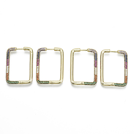 Brass Micro Pave Cubic Zirconia Huggie Hoop Earrings, Nickel Free, Rectangle, Colorful