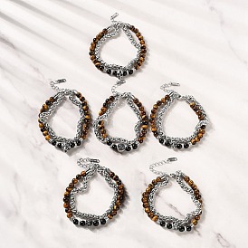 304 браслеты из двух нитей с цепочкой из нержавеющей стали и круглыми бусинами из натурального тигрового глаза и обсидиана, старинное серебро и цвет нержавеющей стали