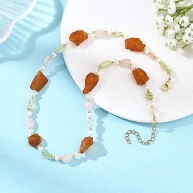 Natural Amber & Rose Quartz & Prehnite & Freshwater Pearl Beaded Necklaces, Nuggets