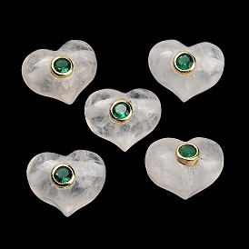 Perles de cristal de quartz naturel, coeur en cristal de roche, avec des pierres précieuses en laiton pavées de zircone cubique, or