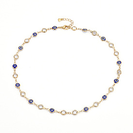 Brass Link Chain Necklaces, with Glass & Cubic Zirconia & 304 Stainless Steel Lobster Claw Clasps, Evil Eye, Blue