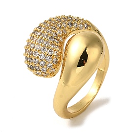 Rack Plating Teardrop Brass Micro Pave Clear Cubic Zirconia Cuff Rings for Women, Long-Lasting Plated