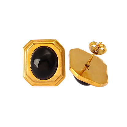 Прямоугольник 304 серьги шпилька нержавеющая сталь, с натуральным черным камнем