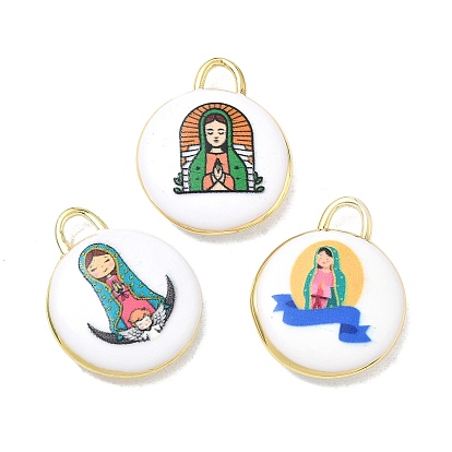 Printed Brass Pendants, Flat Round & Virgin Mary Pattern Charms, Rack Plating, Long-Lasting Plated, Lead Free & Cadmium Free, Real 18K Gold Plated
