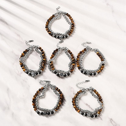 304 браслеты из двух нитей с цепочкой из нержавеющей стали и круглыми бусинами из натурального тигрового глаза и обсидиана, старинное серебро и цвет нержавеющей стали