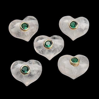Perles de cristal de quartz naturel, coeur en cristal de roche, avec des pierres précieuses en laiton pavées de zircone cubique, or