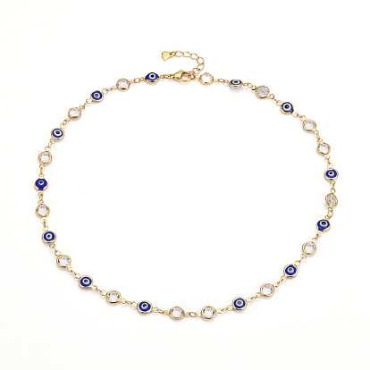 Brass Link Chain Necklaces, with Glass & Cubic Zirconia & 304 Stainless Steel Lobster Claw Clasps, Evil Eye, Blue