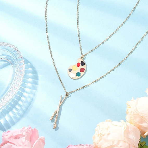 Сплав красочные эмалевые краски палитра и кисточка подвеска двойной слой 304 цепи из нержавеющей стали ожерелья для женщин