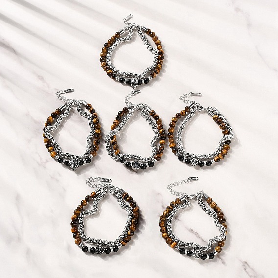304 браслеты из двух нитей с цепочкой из нержавеющей стали и круглыми бусинами из натурального тигрового глаза и обсидиана, старинное серебро и цвет нержавеющей стали