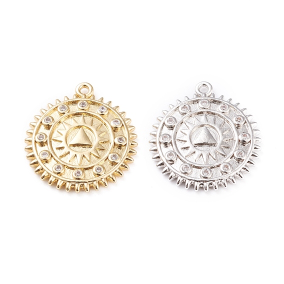Brass Micro Pave Clear Cubic Zirconia Pendants, Long-Lasting Plated, Gear