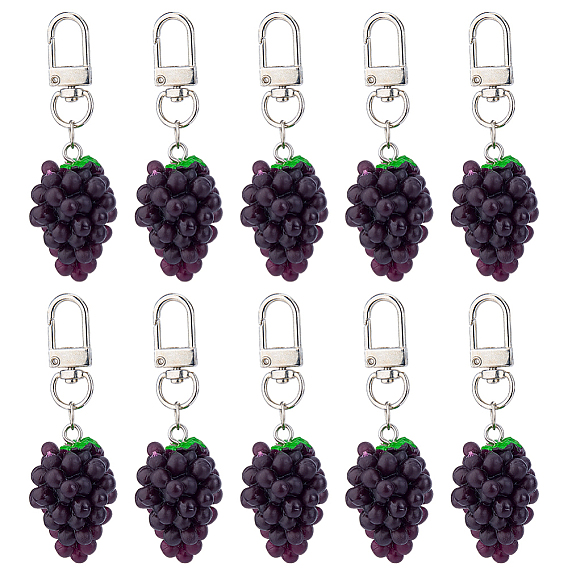 10Pcs Resin Grape Pendant Decorations, with Iron Clasps, Platinum