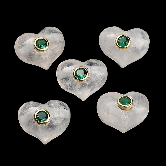 Natural Quartz Crystal Beads, Rock Crystal Heart, with Brass Pave Cubic Zirconia Findings, Golden