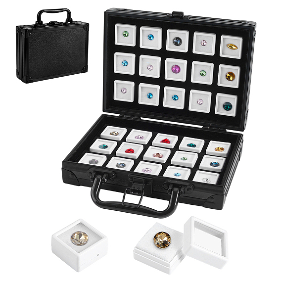 Rectangle Aluminum Alloy with MDF Organizer Cases, with 30Pcs Square Plastic Visible Window Gems Cases with Spooge Inside