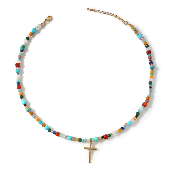 304 Stainless Steel Cross Pendant Paux Pearl & Glass & Mixed Stone Beaded Necklaces for Women, Colorful