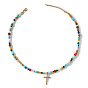 304 Stainless Steel Cross Pendant Paux Pearl & Glass & Mixed Stone Beaded Necklaces for Women, Colorful