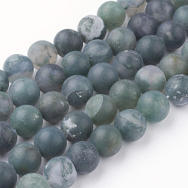 Natural Moss Agate Bead Strands, Round, Frosted