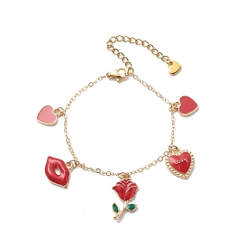 Word Love Heart Lip Rose Alloy Enamel Charms Bracelet, Valentine Theme Brass Jewelry for Women