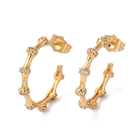 Clear Cubic Zirconia Bamboo Stud Earrings, Rack Plating Brass Half Hoop Earrings
