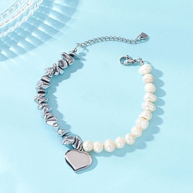 304 шарм браслеты из нержавеющей стали сердце, Браслеты из натурального жемчуга и самородков драгоценных камней для женщин, цвет нержавеющей стали