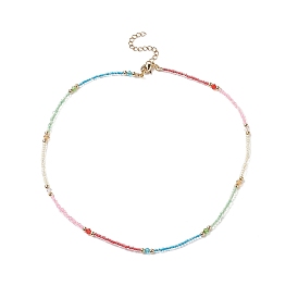 Glass & Brass Beaded Necklaces, Rainbow Color Bead Choker Necklace with 304 Stainless Steel Lobster Claw Clasps for Women