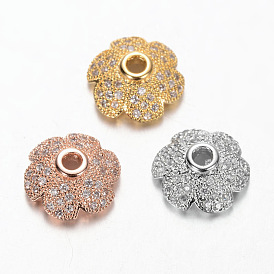 Eco-Friendly 6-Petal Flower Brass Micro Pave Cubic Zirconia Bead Caps, Lead Free & Nickel Free