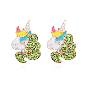 Sparkling Unicorn Earrings with Colorful Gems and Oil Drop Detail - Cute Cartoon Design for Women