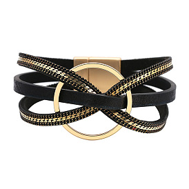 Bracelet en cuir à fermoir magnétique à cercle géométrique minimaliste - simple, , multicouche.