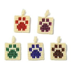 Handmade MIYUKI Seed Beads, Loom Pattern, Rectangle with Paw Print Pendants