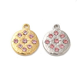 304 Stainless Steel Pendants, with Light Rose Rhinestone, Flat Round Charms