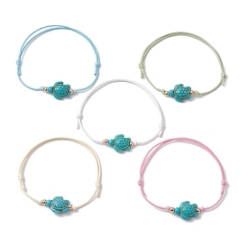 Synthetic Turquoise Turtle Braided Bead Bracelet, Waxed Polyester Cords Adjustable Bracelet