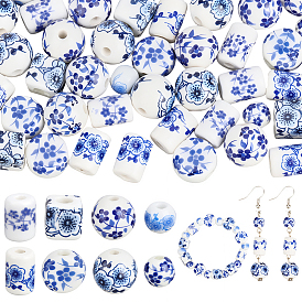 72Pcs 8 Styles Handmade Porcelain Beads, Blue and White Porcelain