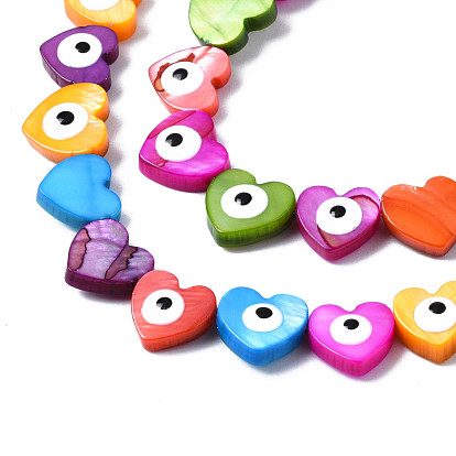 Natural Freshwater Shell Beads Strands, with Enamel, Dyed, Heart with Evil Eye