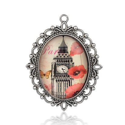 Oval Antique Silver Plated Alloy Glass Big Gothic Pendants, 61x48x9mm, Hole: 3mm